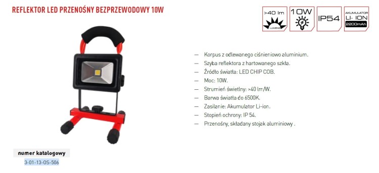 Lampa reflektor LED bezprzewodowy 10W>40l/W IP54