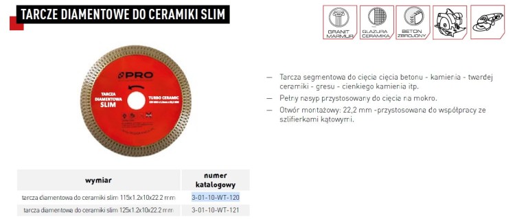 Tarcza diamentowa do ceramiki SLIM 115x1,2x10x22,2mm WT-120