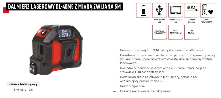 Dalmierz laserowy DL-40M5 z miarą zwijaną 5m