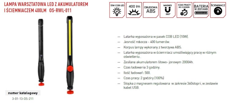 Lampa warsztatowa led z akum. i ściemniaczem 400LM