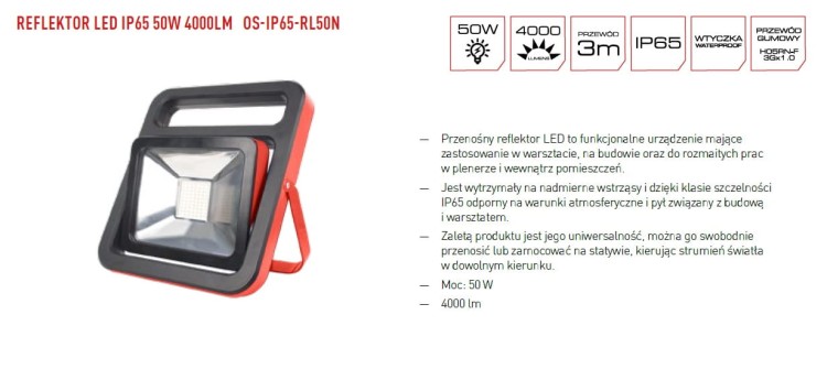 Lampa reflektor LED 50W (4000lm) IP65 [13-OS-604]
