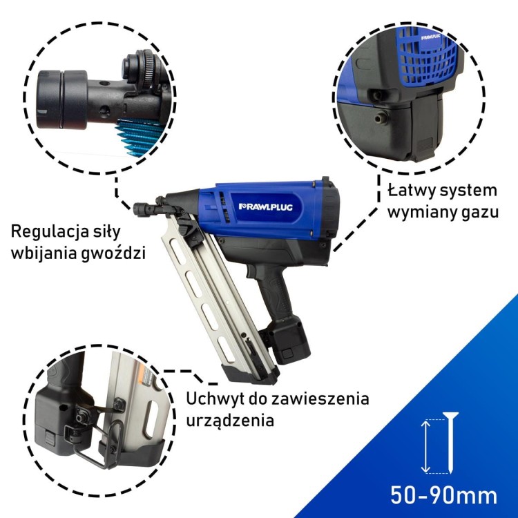 Gwoździarka gazowa do drewna RawlPlug WW90CH zakres gwoździ 50-90 mm