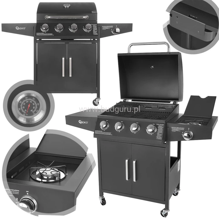 Grill gazowy, 5 palników (4+1) 15kW, cztery skrętne koła, w tym dwa z hamulcem, zapłon piezoelektryczny