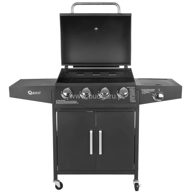 Grill gazowy, 5 palników (4+1) 15kW, cztery skrętne koła, w tym dwa z hamulcem, zapłon piezoelektryczny
